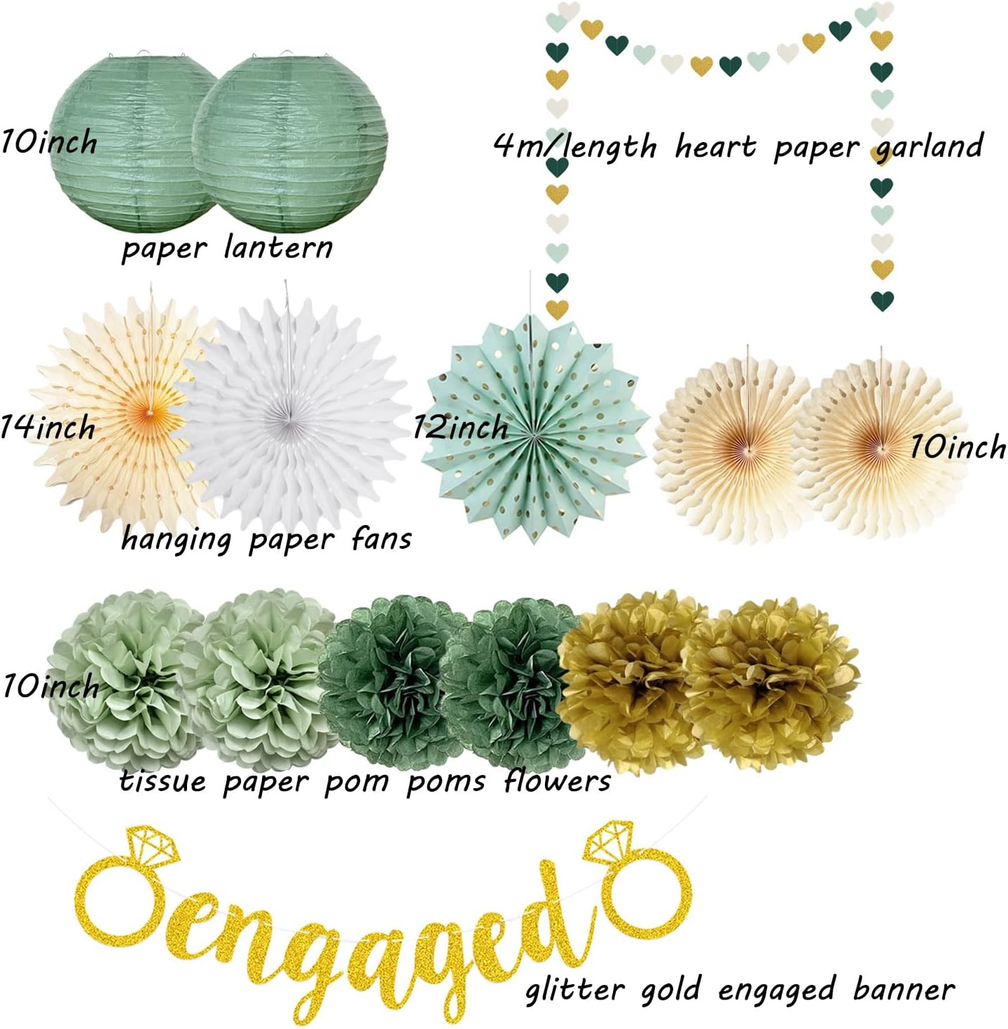 Engagement Party Decor Gold Banner Pom Poms Lanterns Fans Set
