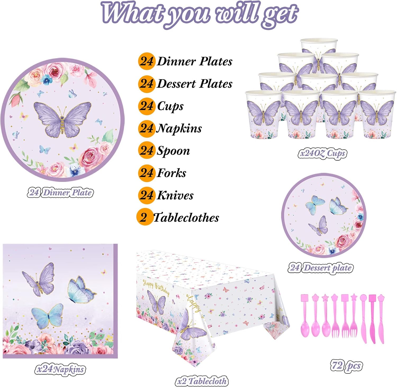 Butterfly Birthday Party Supplies Set for 24 Guests