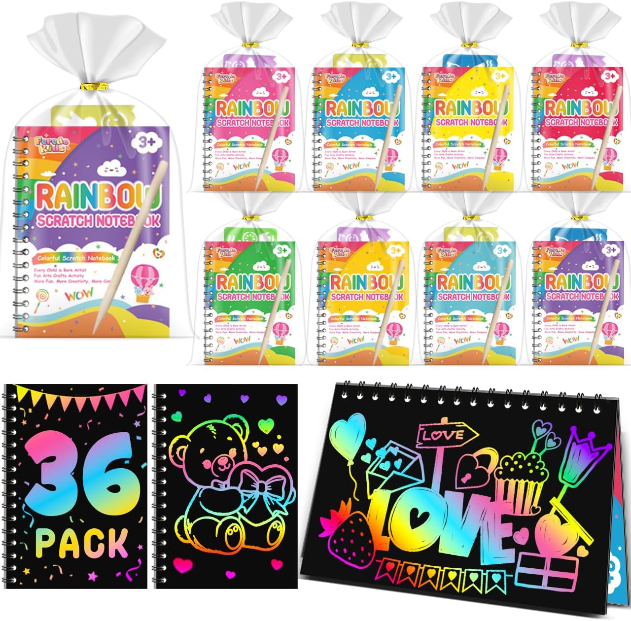 Rainbow Scratch Art Notebook Party Favors 36 Pack for Kids