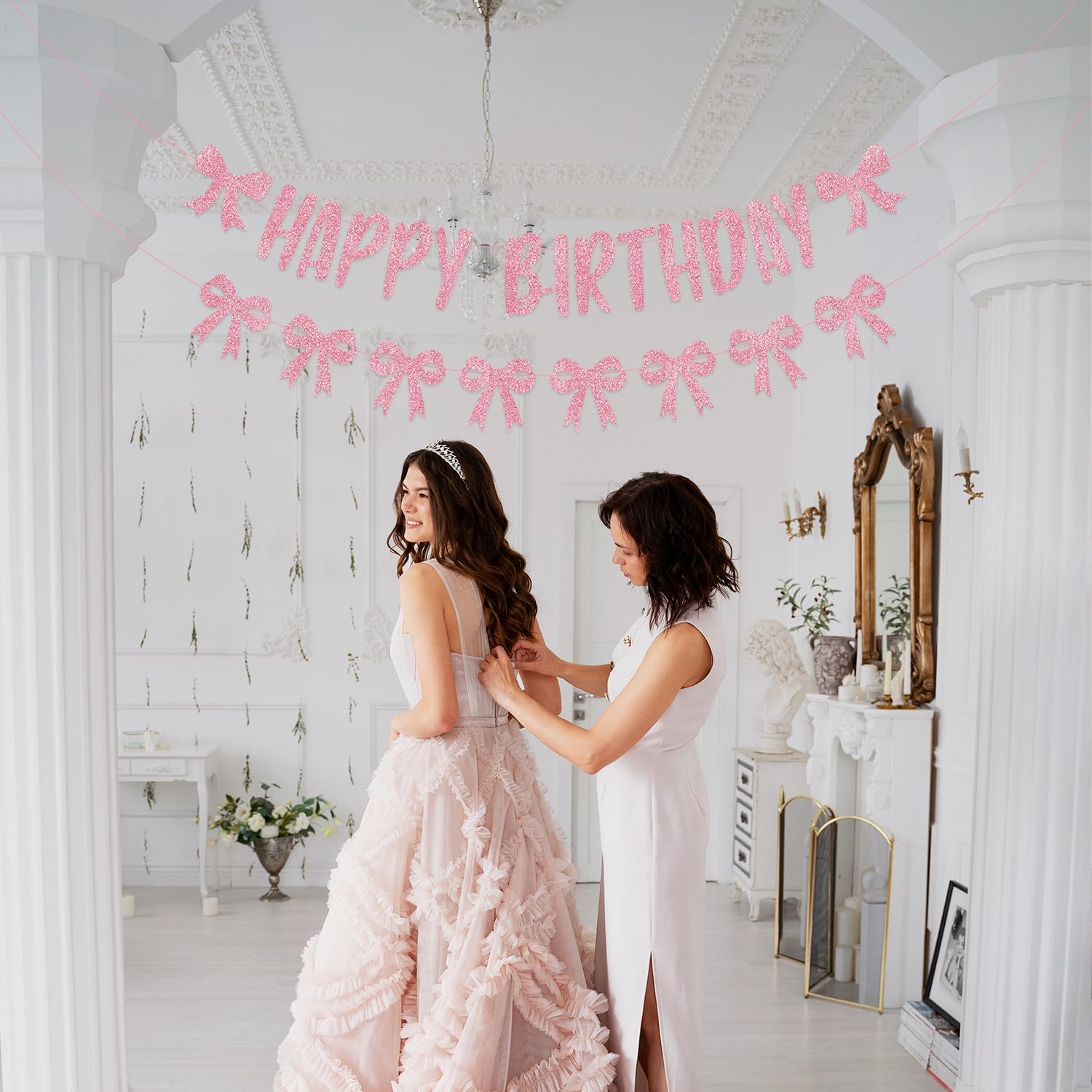 Pink Bow Birthday Banner with Garland and Decorations