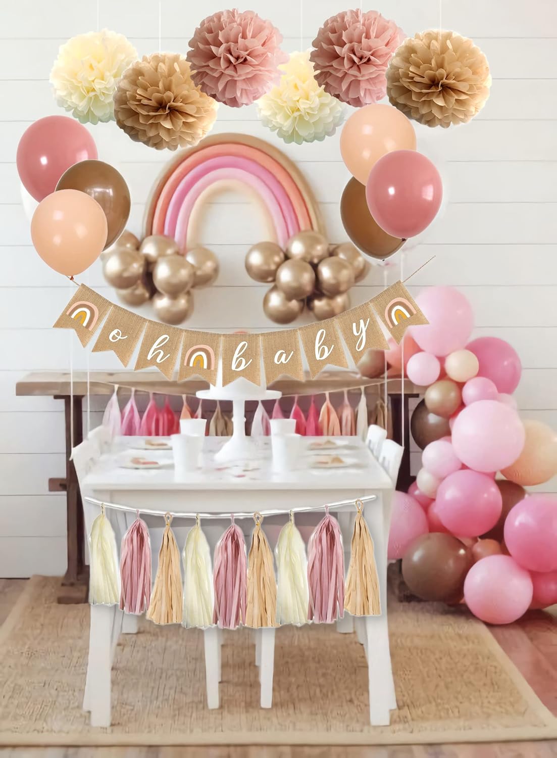 Boho Pink Brown Baby Shower Decorations Set 40-Pack