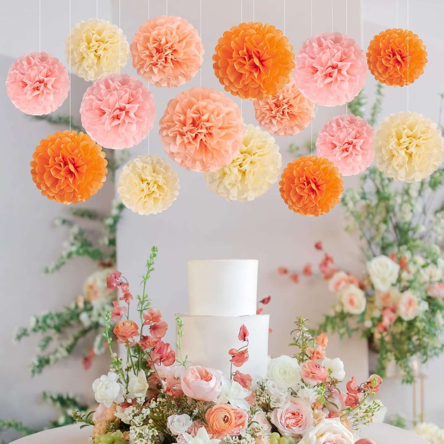 15Pcs Pink Orange Tissue Pom Poms Flower Decorations