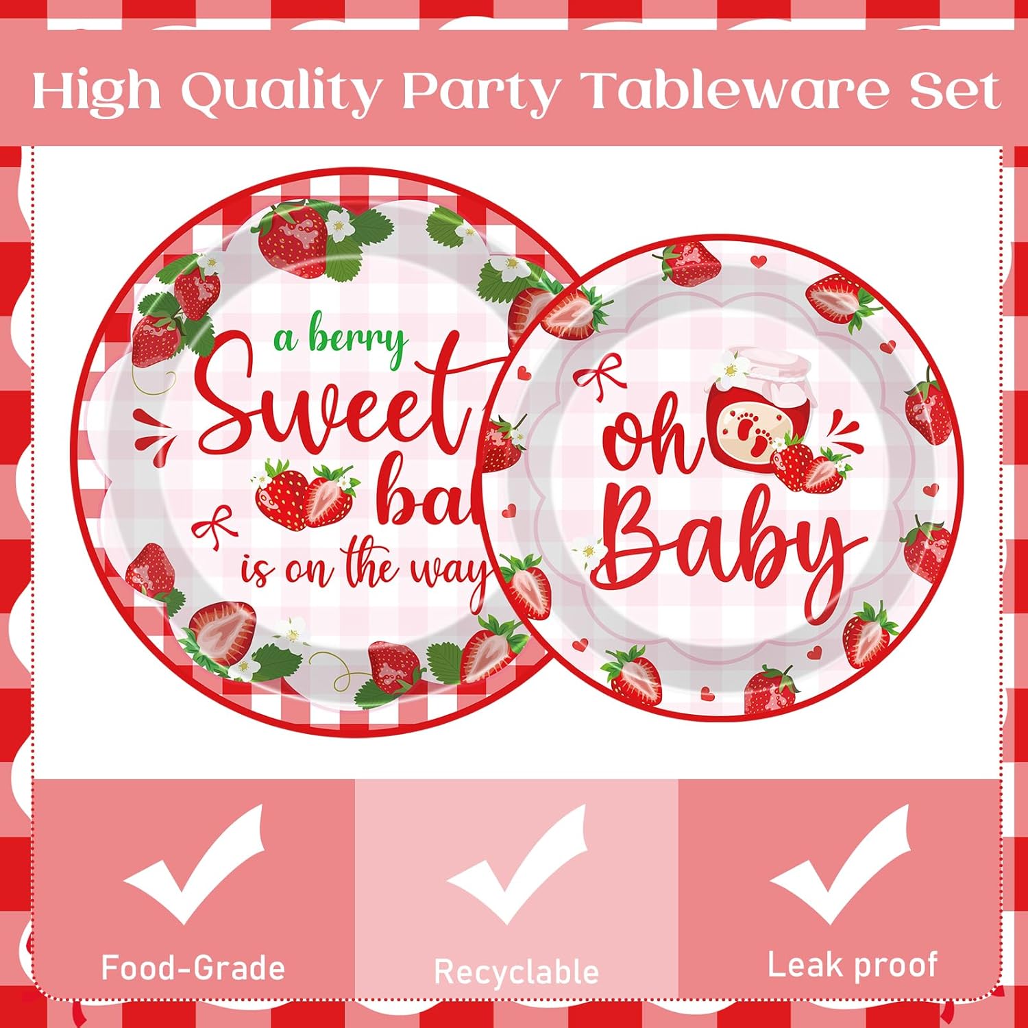 Strawberry Baby Shower 96 Pcs Decorations for 24 Guests