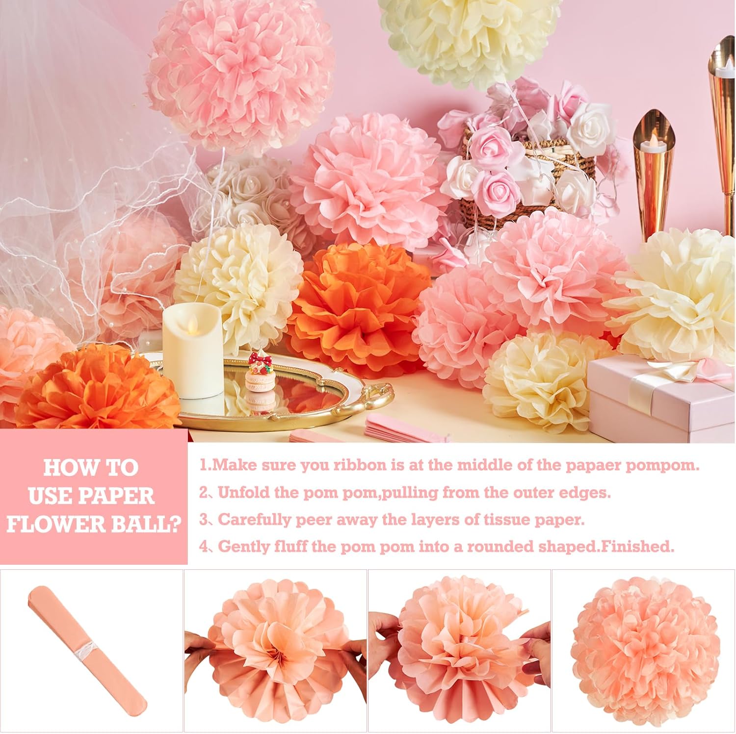 15Pcs Pink Orange Tissue Pom Poms Flower Decorations