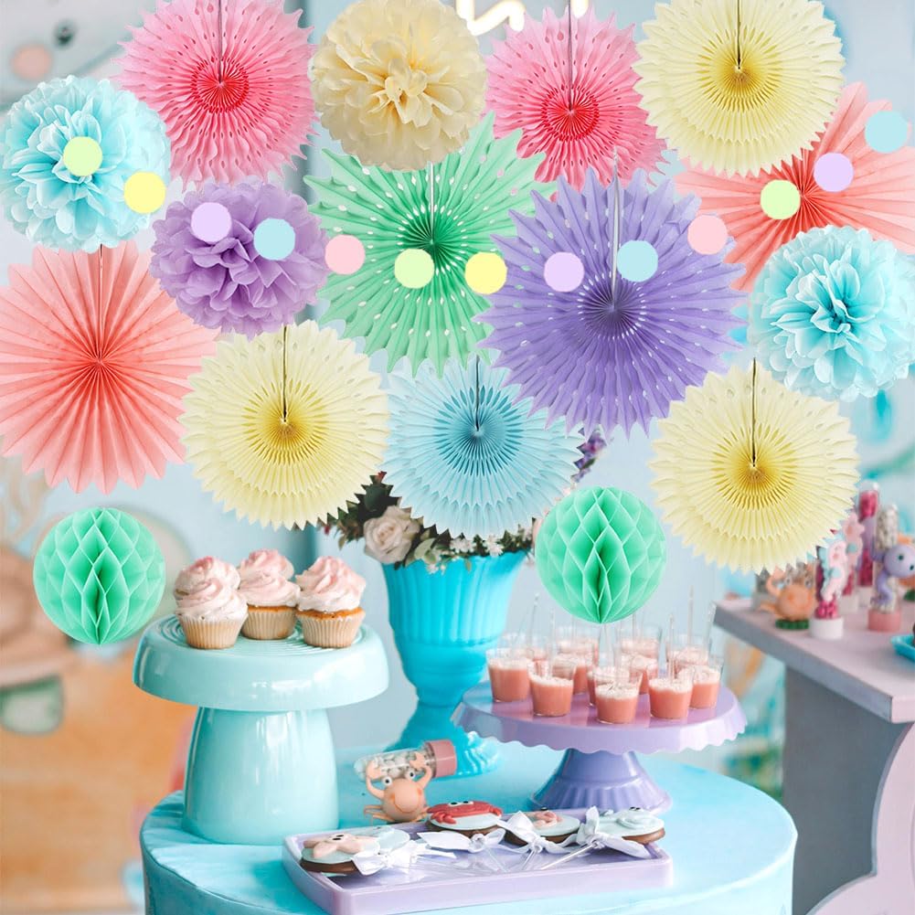 Pastel Party Decorations Kit 4pcs Fans 6pcs Pom Poms
