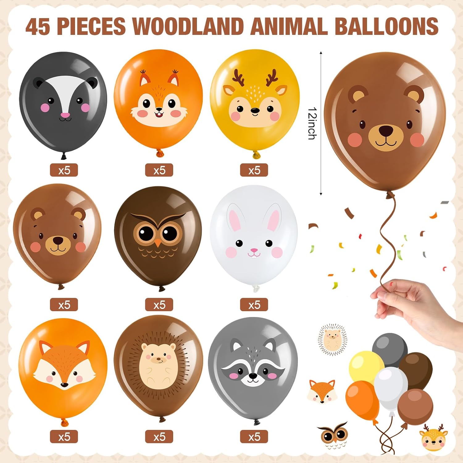45 Pcs Woodland Animal Balloons 12 Inch Party Decor