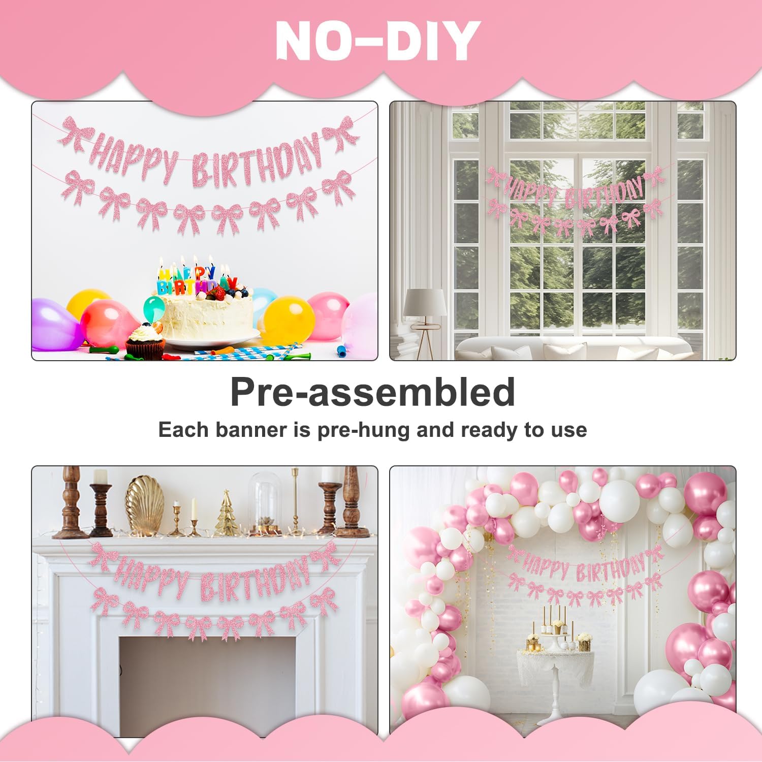 Pink Bow Birthday Banner with Garland and Decorations