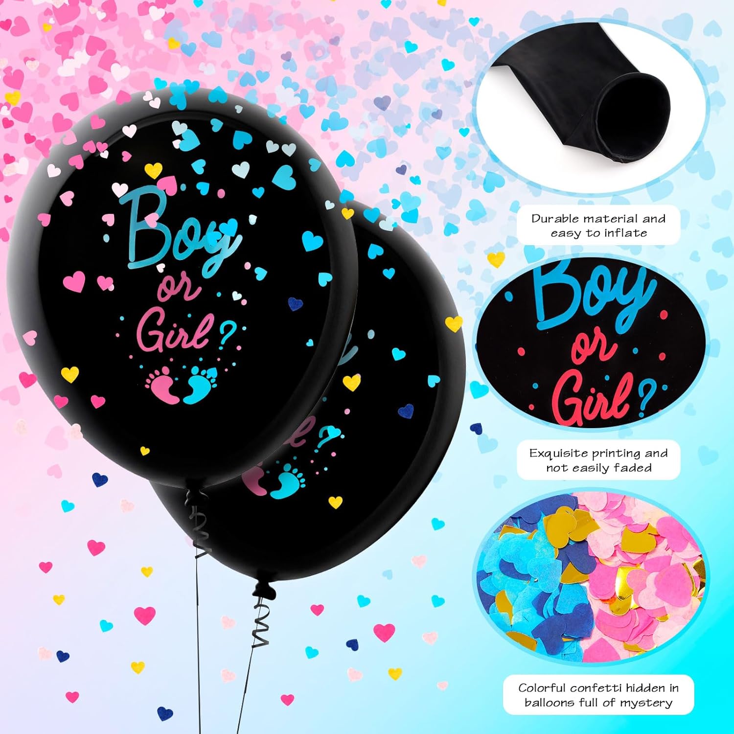2 Pcs Black Gender Reveal Balloons with Confetti