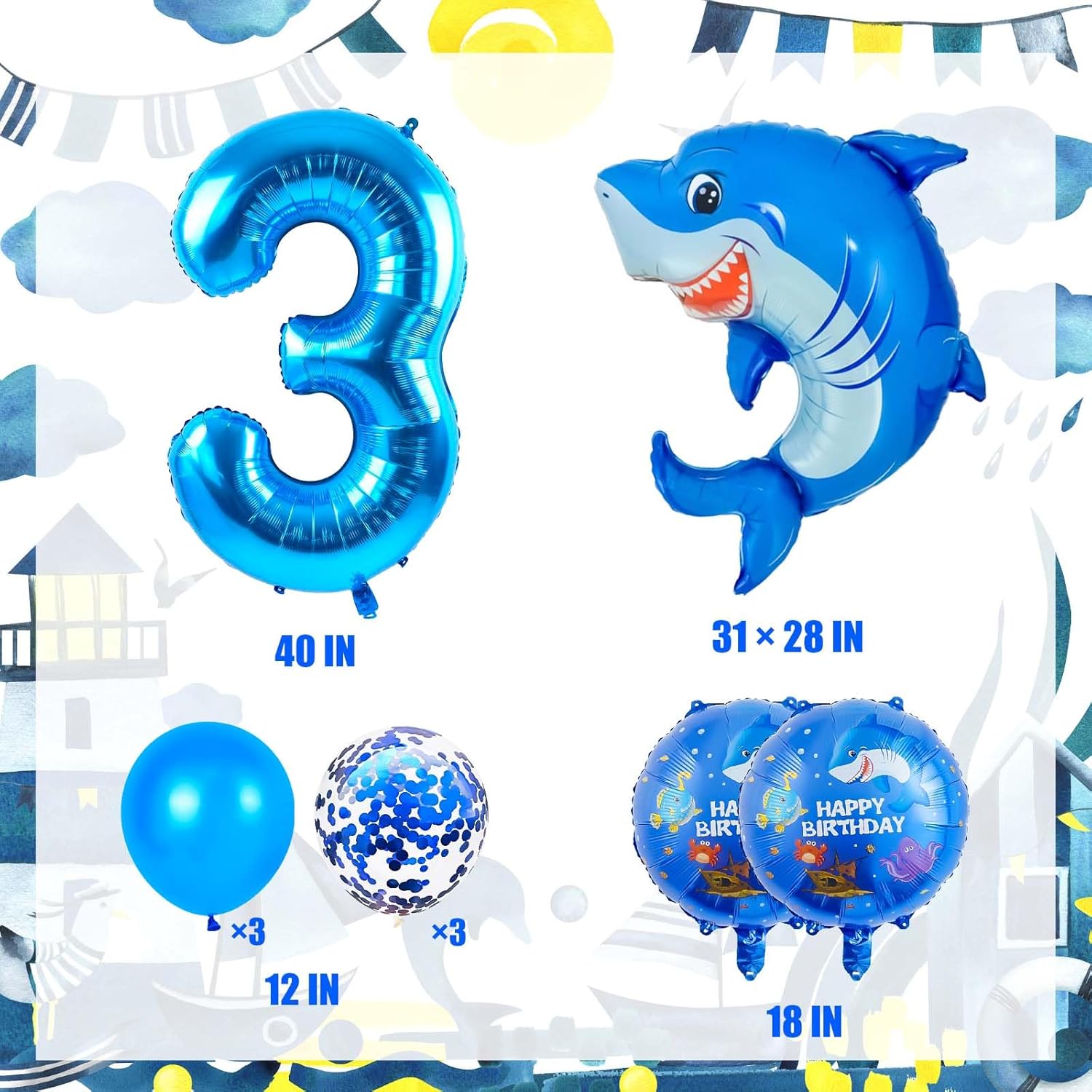 Blue Shark 3 Balloon Decorations for Boys