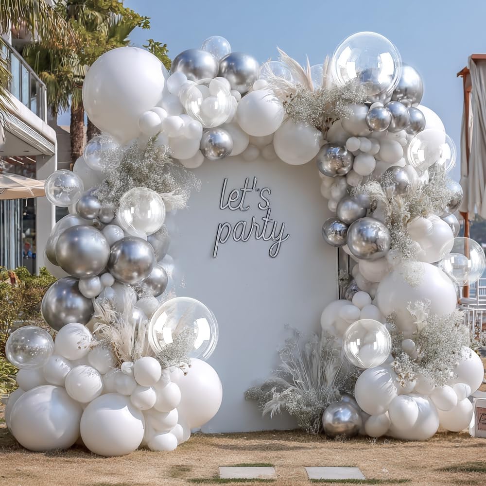 White Silver Balloon Garland with Foil Balloons for Parties and Celebrations