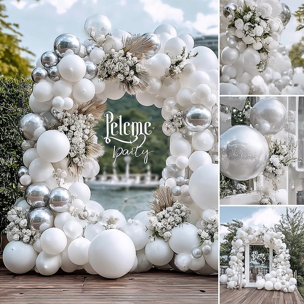 White Silver Balloon Garland with Foil Balloons for Parties and Celebrations