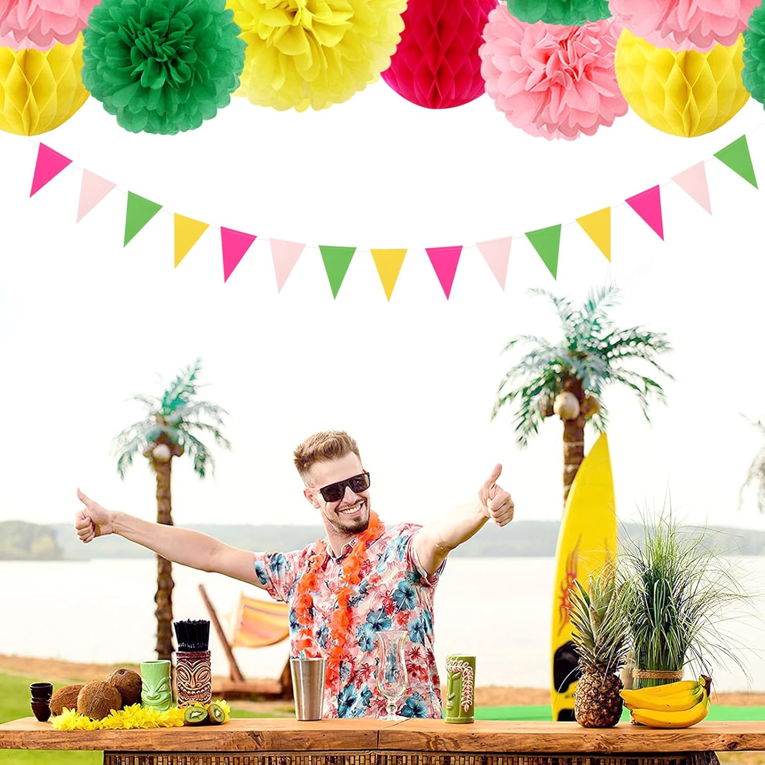 Hawaiian Pink Green-Yellow Party Decorations 20pcs