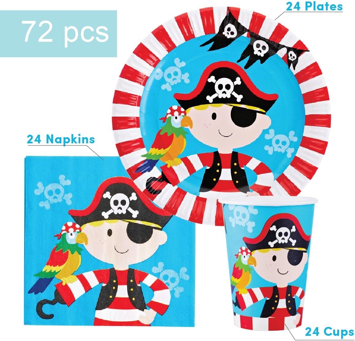 Pirate Party Supplies Set for Boys - 72 Pieces