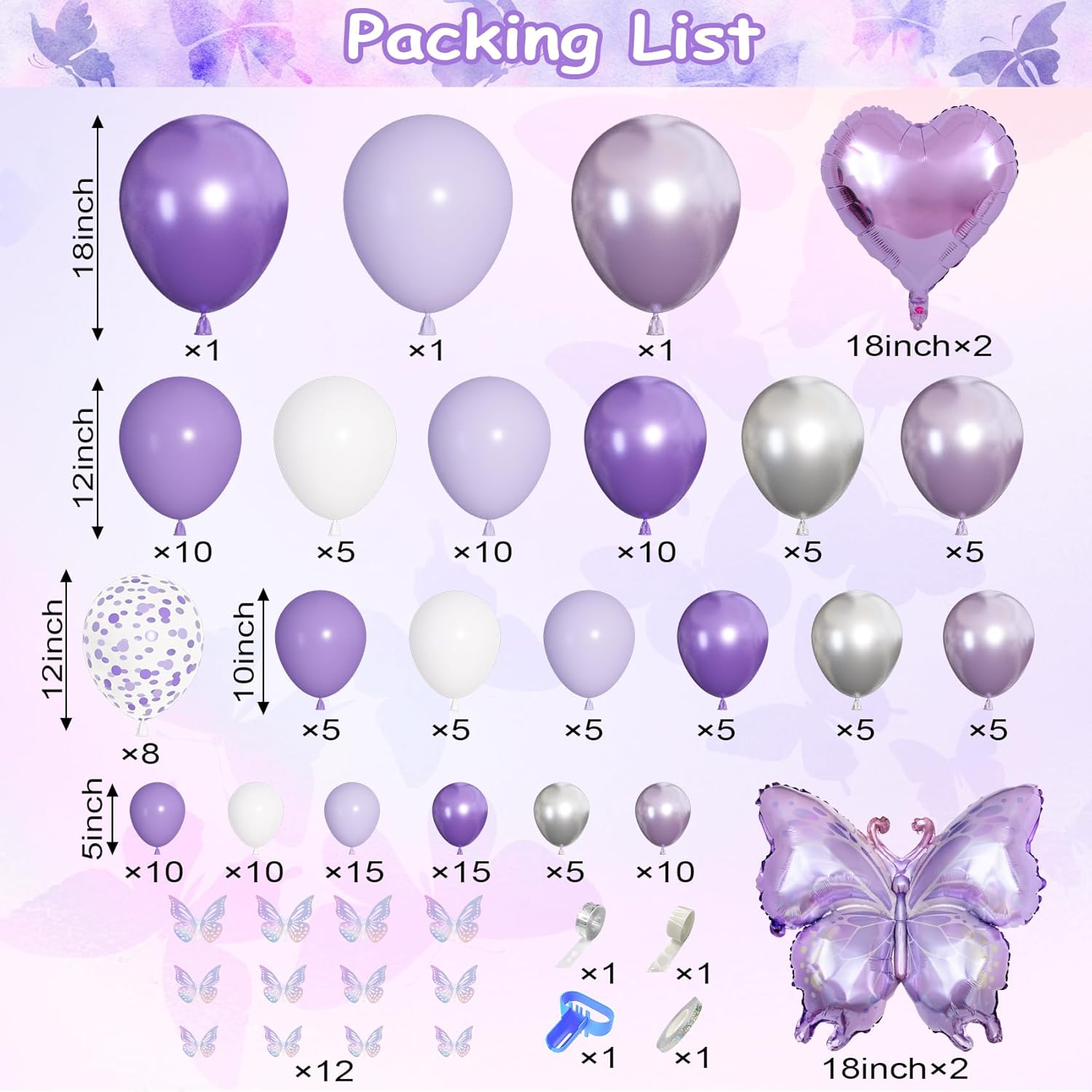 Ouddy Life 171Pcs Purple Butterfly Balloon Arch Kit