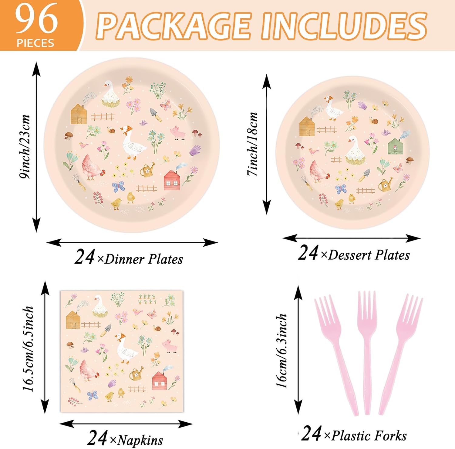96 Pcs Farm Animal Themed Dinnerware Set for 24 Guests