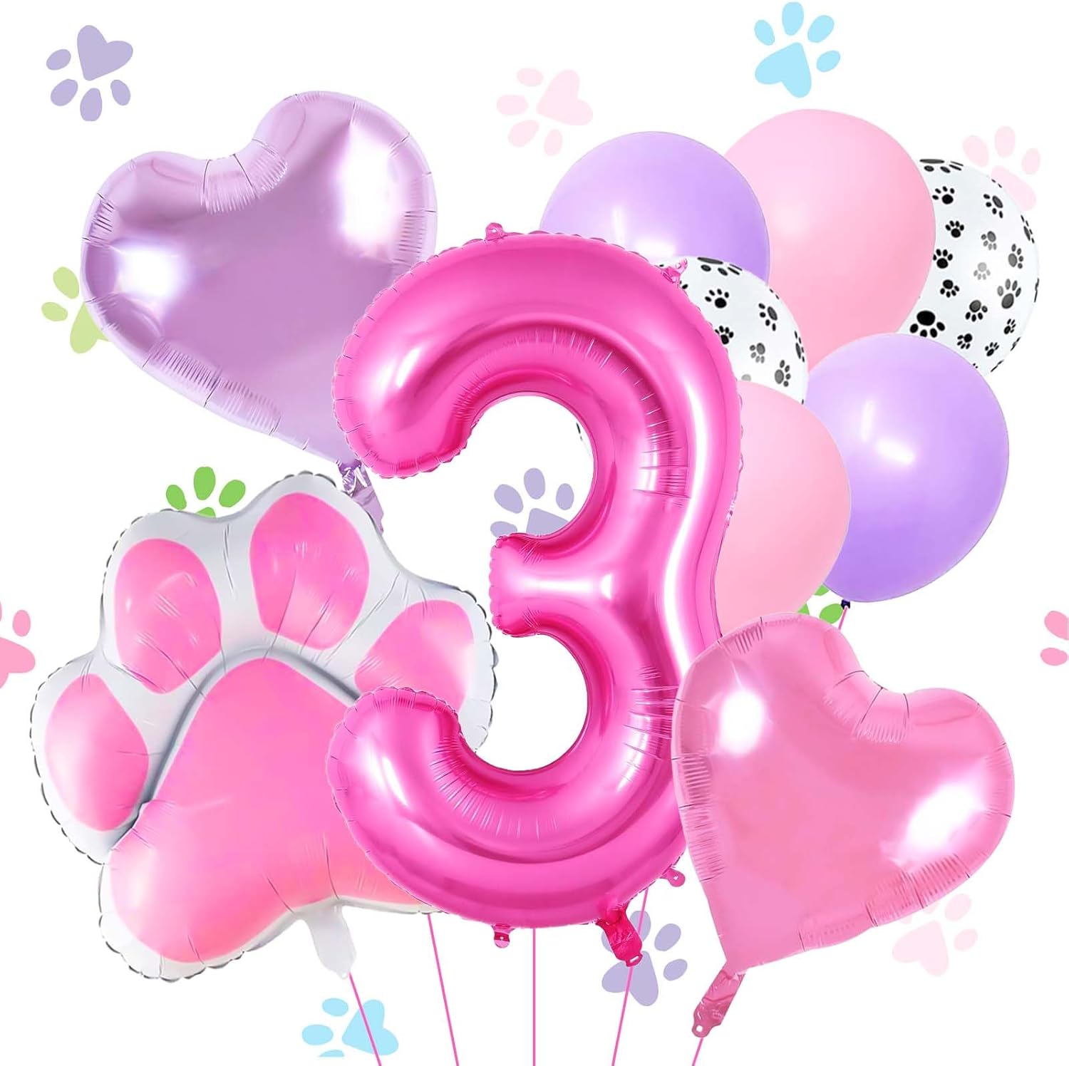 Pink Dog Birthday Balloons Set with Paw Print and Hearts
