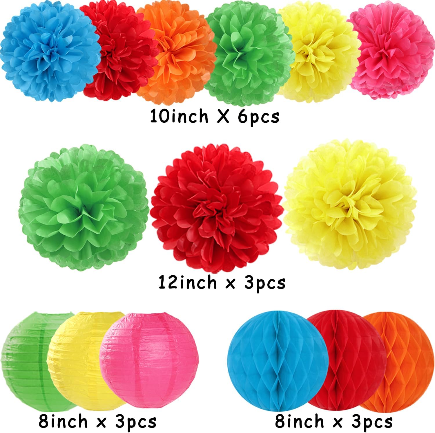 Rainbow Paper Flowers Tissue Pom Poms 15pcs Party Decorations
