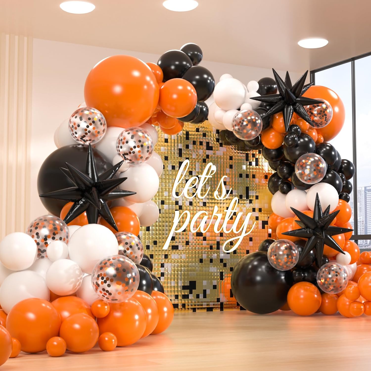 161pcs Black White Orange Balloons Arch Kit with Starburst Foil Balloons