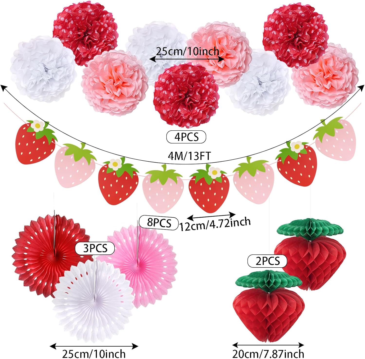 Strawberry Birthday Decorations Pom Poms Fans Honeycomb Balls Garland