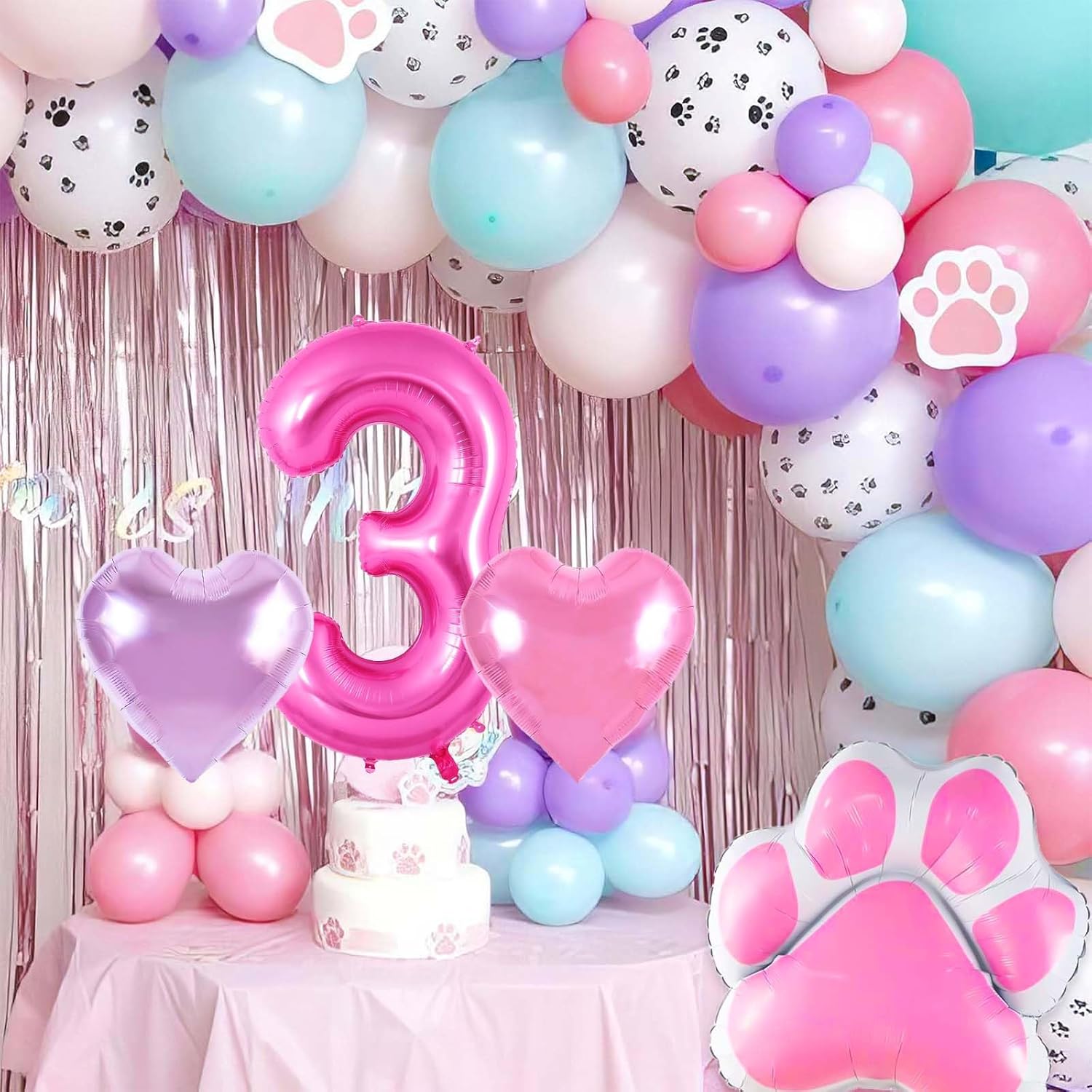 Pink Dog Birthday Balloons Set with Paw Print and Hearts