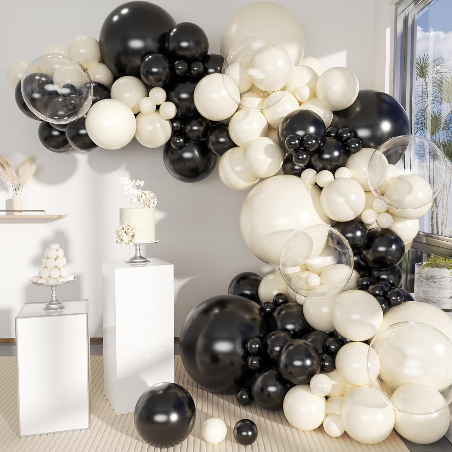 MOXMAY White Sand Black Balloons Arch Kit 151Pcs