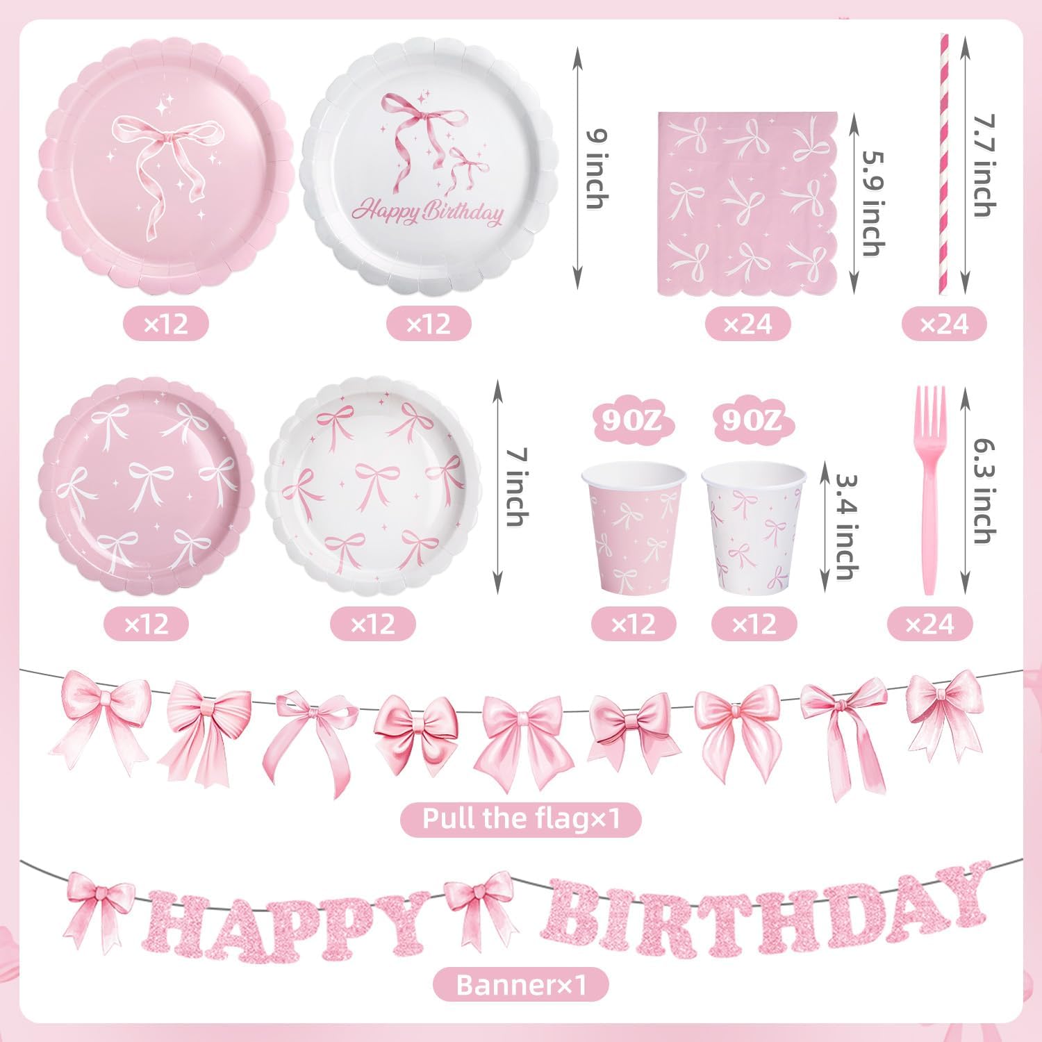 Pink Bow Birthday Decorations for 24 Guests