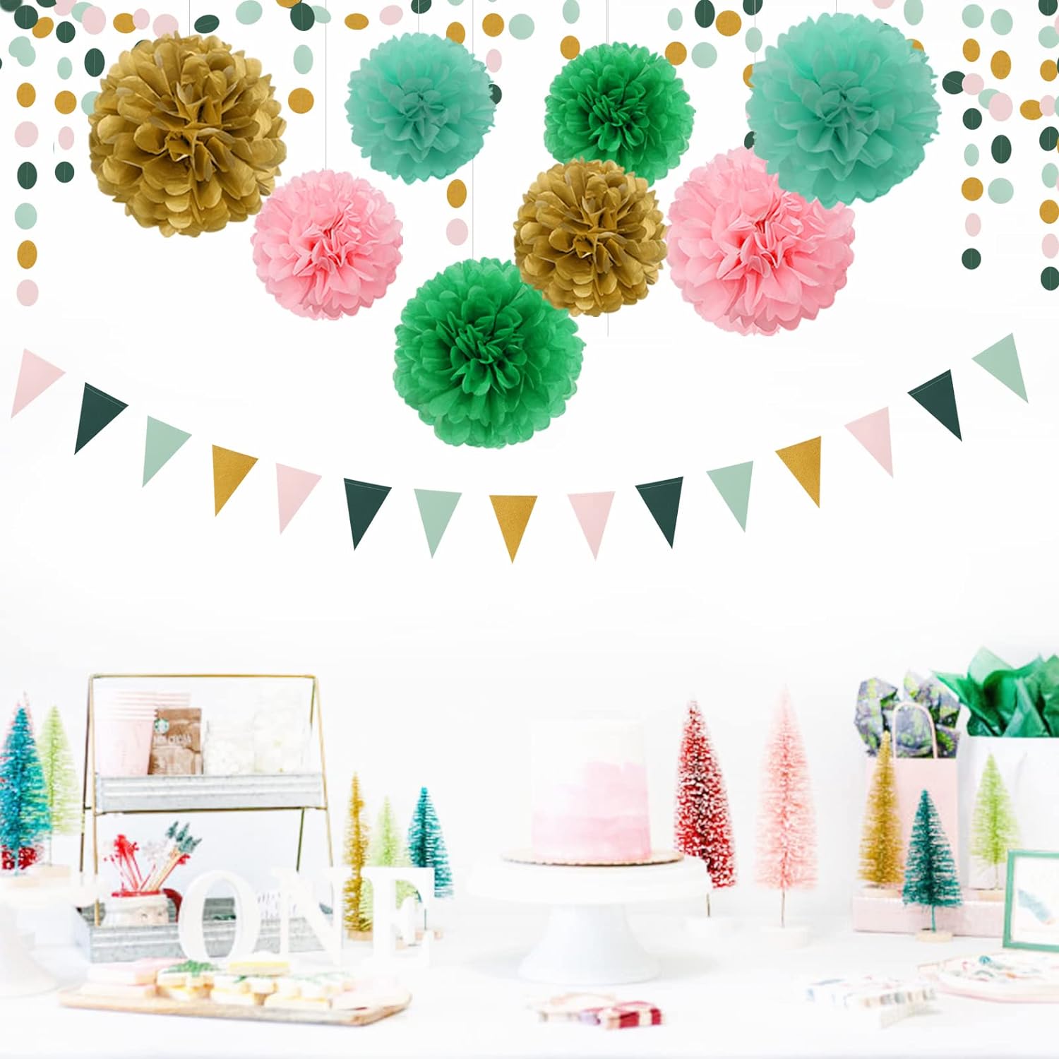 Sage Green Pink Gold Party Decor Kit 30pcs