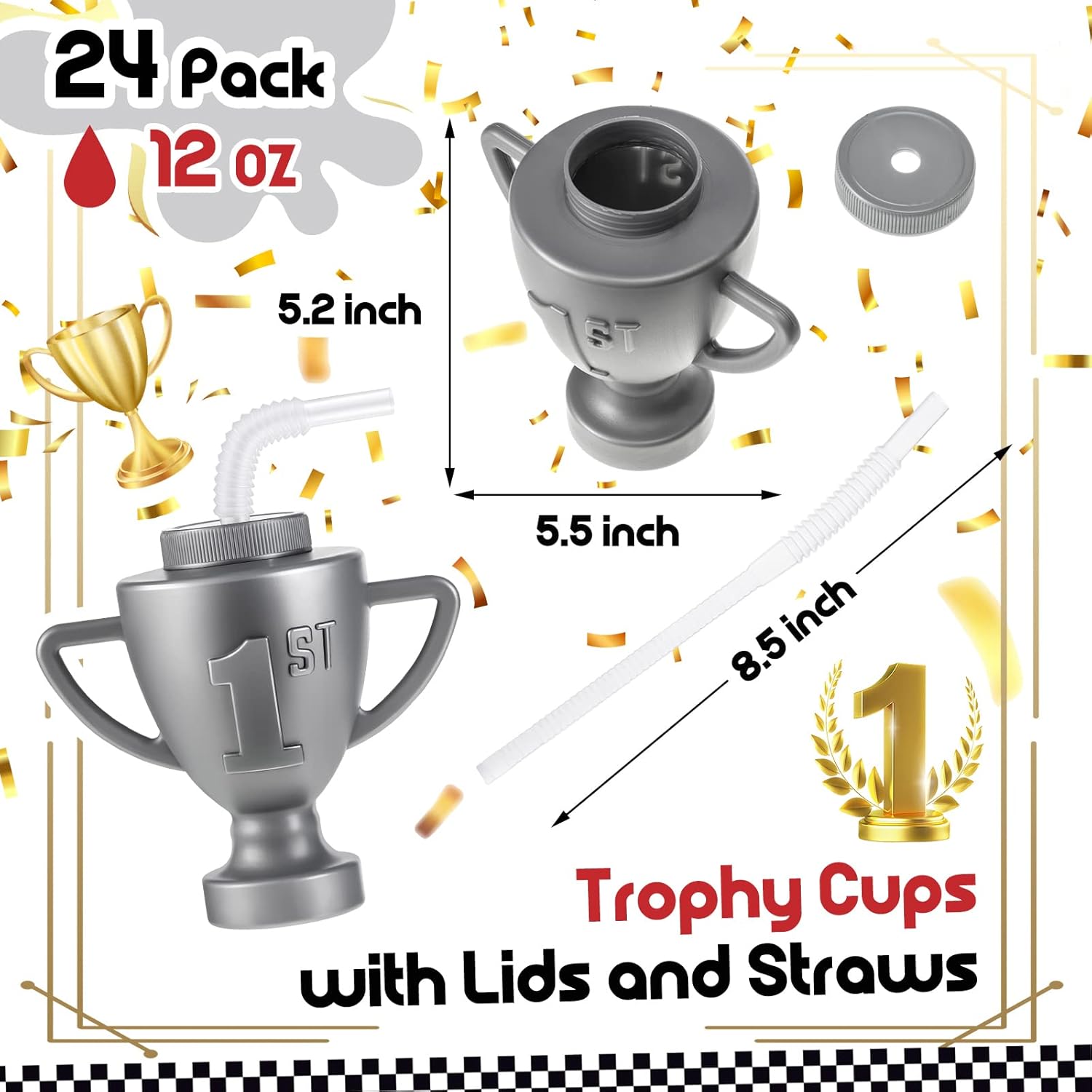 Amyhill 12 Pcs Silver Race Car Cups With Lids and Straws