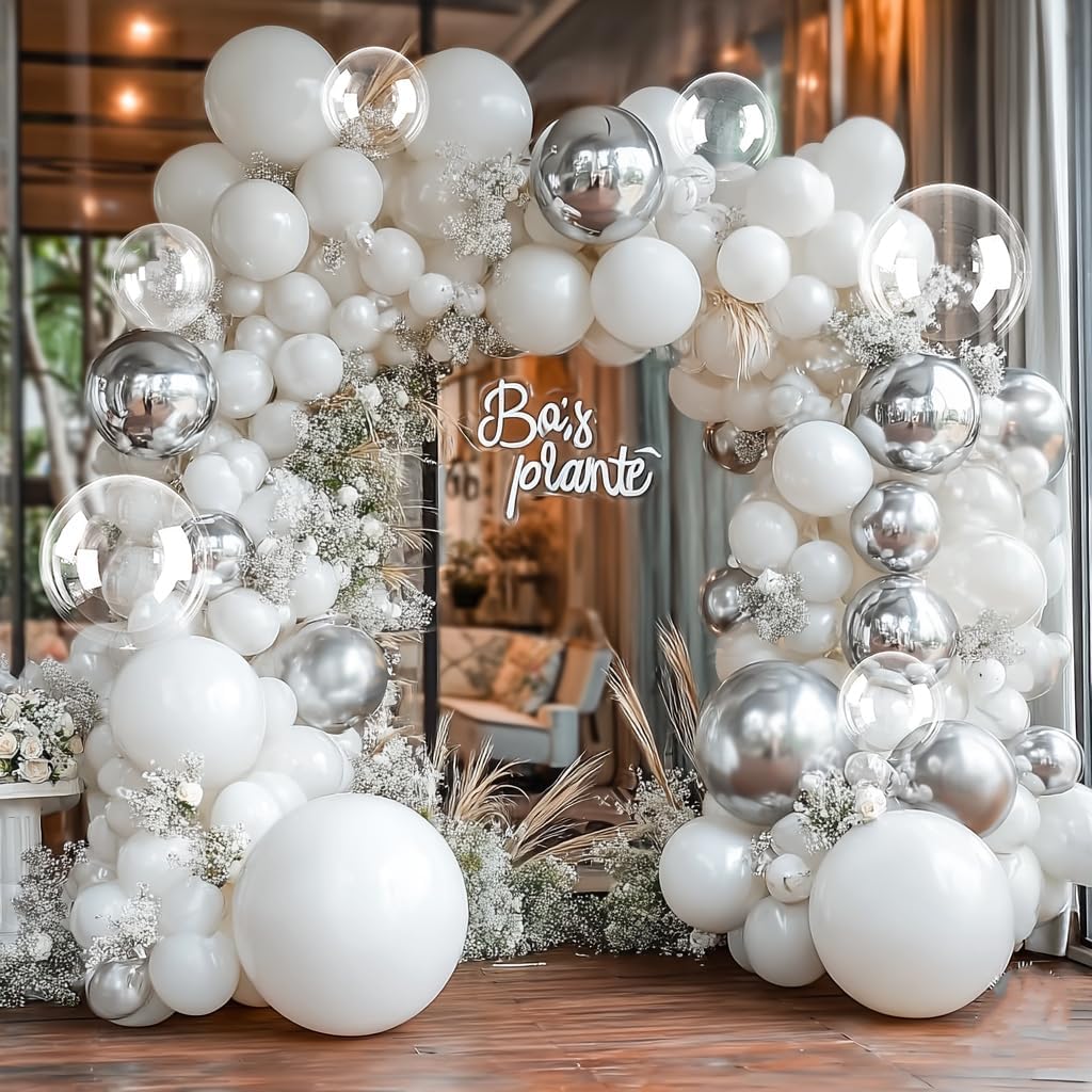 White Silver Balloon Garland with Foil Balloons for Parties and Celebrations