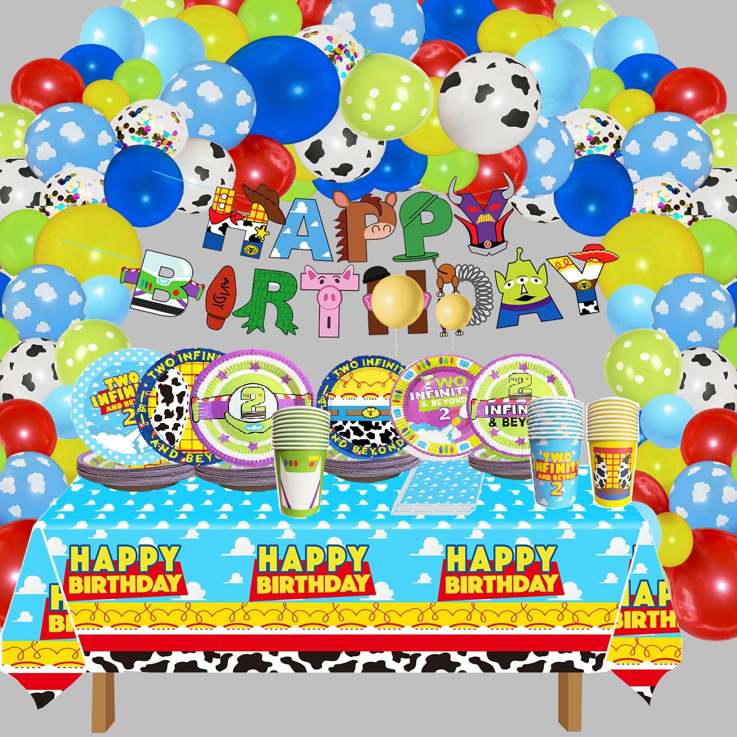 METIXOZE 2nd Birthday Decor 133pcs Cartoon Party Supplies Set
