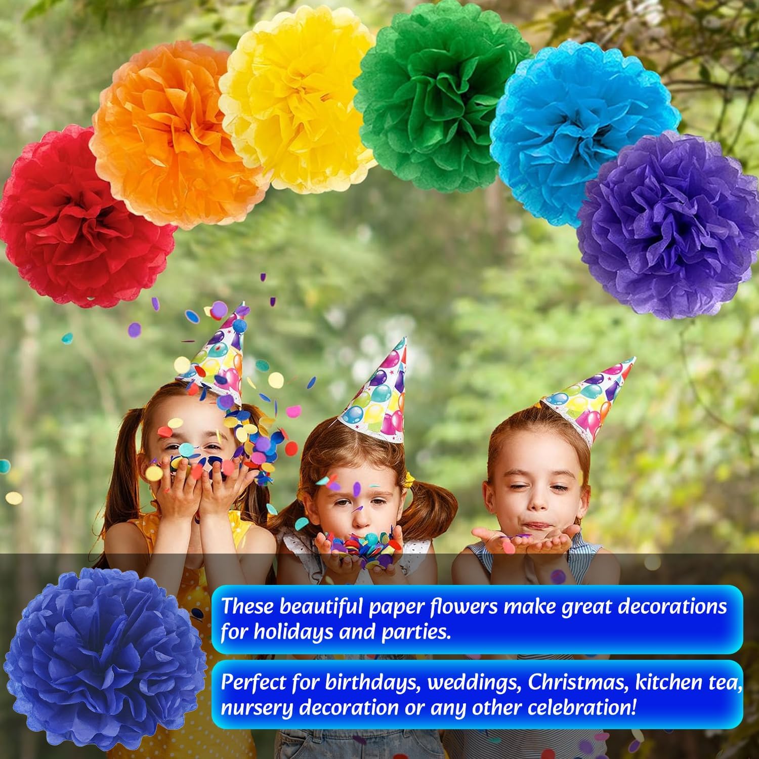 Qimoo 20pcs Sapphire Blue Paper Pom Poms Decorations