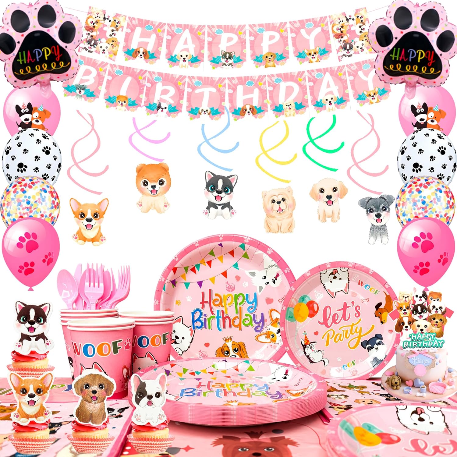 Pink Puppy Birthday Decorations Set for 16 Guests