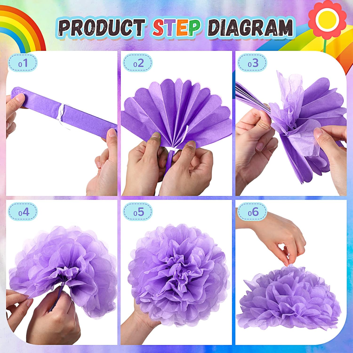 Estune 48 Pcs Tissue Paper Pom Poms Rainbow Decorations