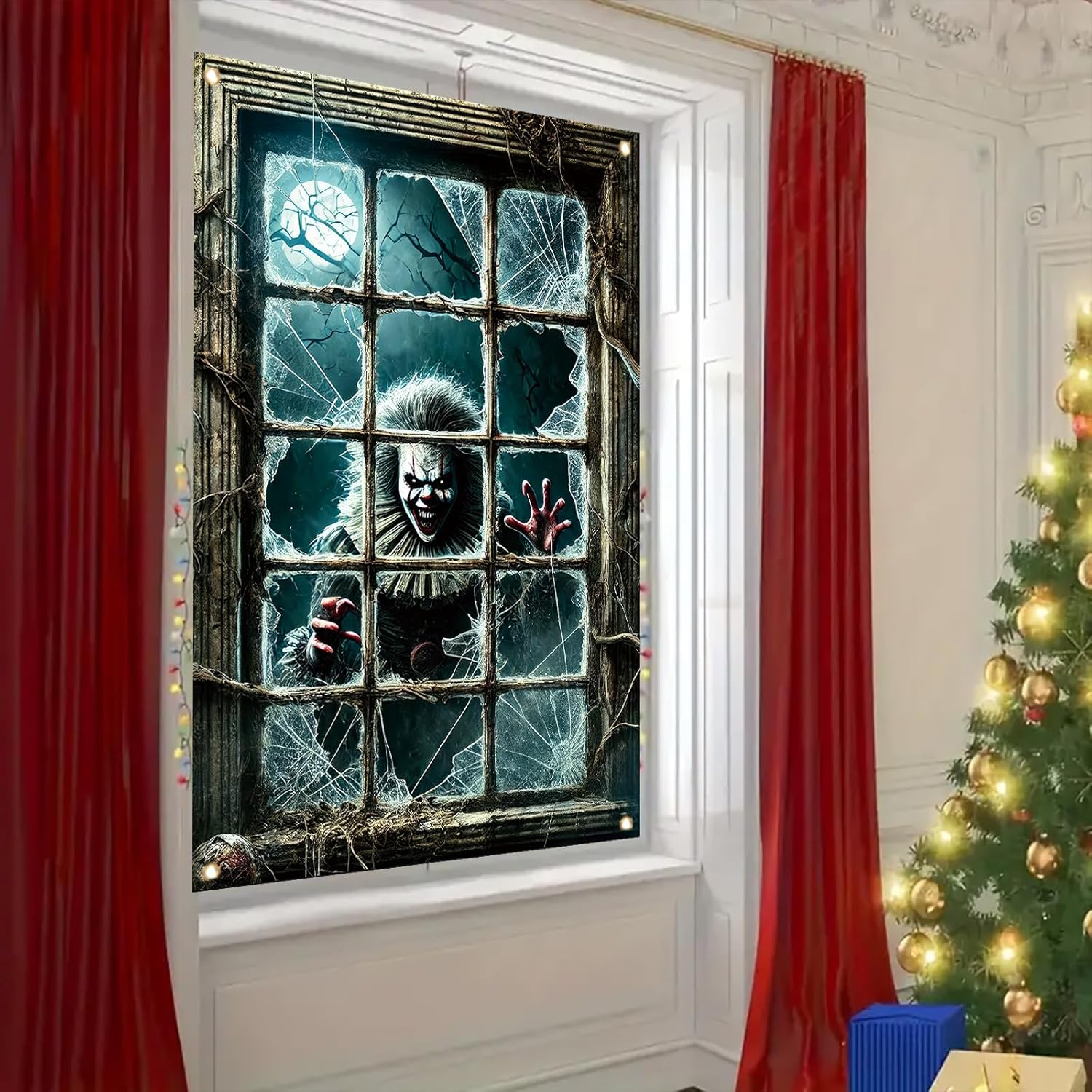 Spooky Halloween Clown Window Decor Backdrop