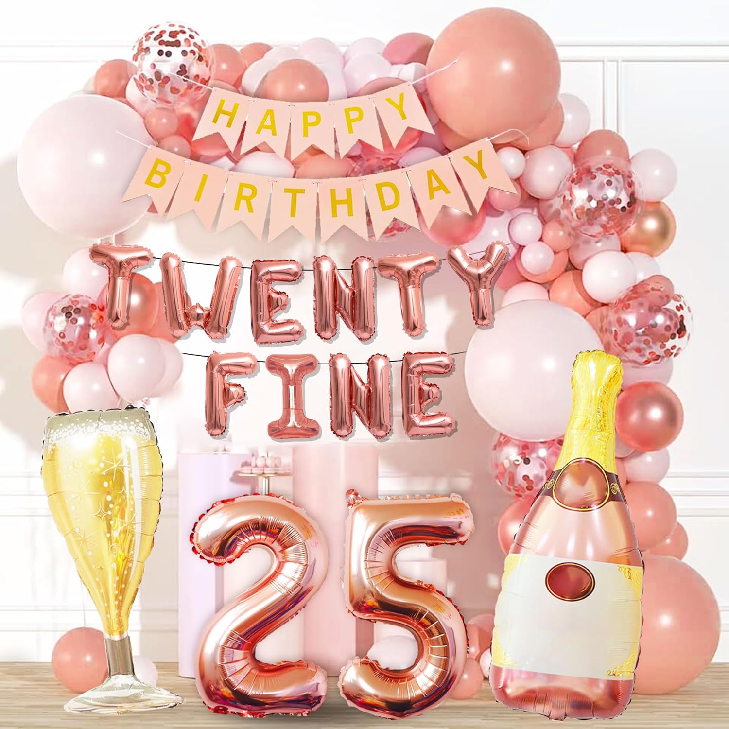 LaVenty Rose Gold 25th Birthday Balloons - Funny Happy Birthday Decoration