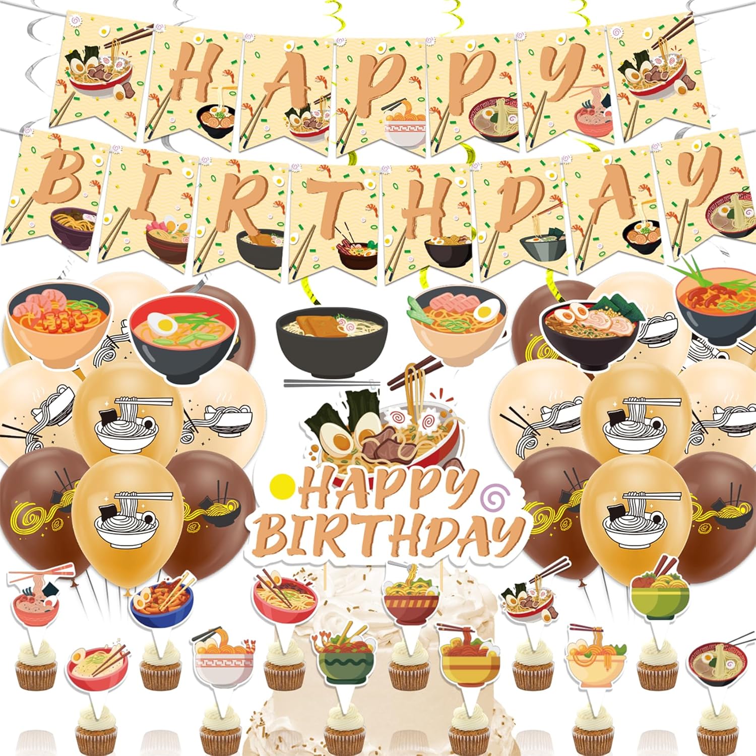 Ramen Birthday Decorations with Balloons and Toppers