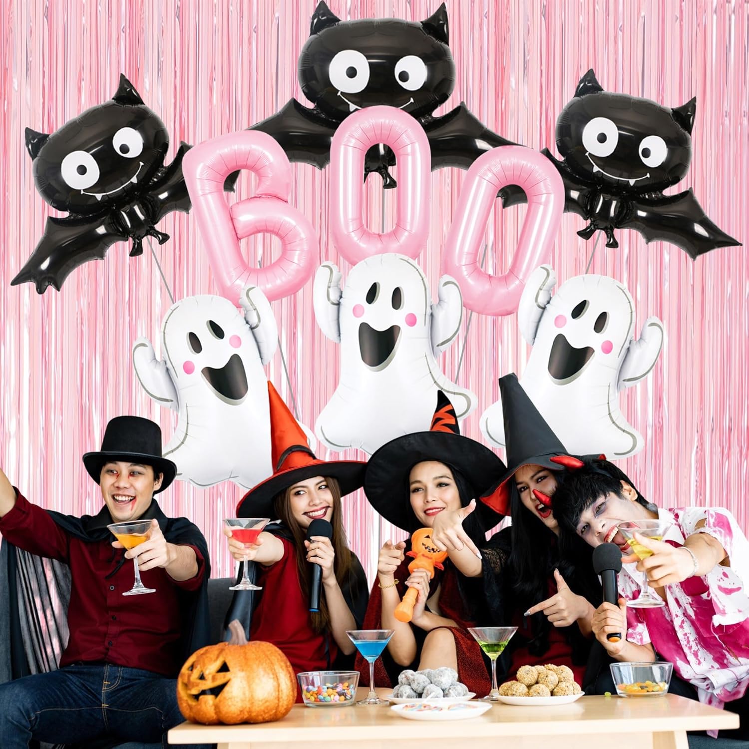 Halloween Party Balloons with Pink Fringe Curtain Set