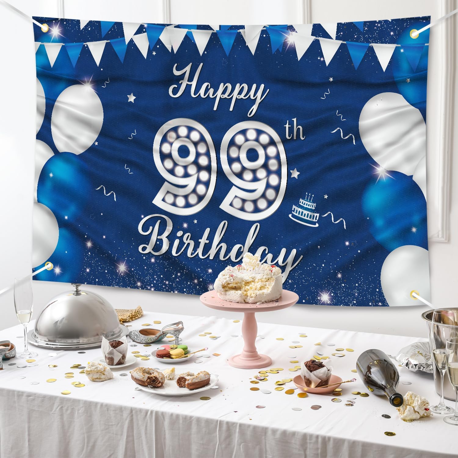 JOYKY Happy 99th Birthday Banner Blue Silver