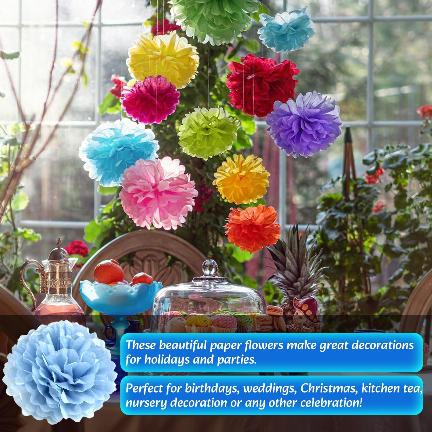 Qimoo 20pcs Lake Blue Paper Pom Poms Decorations