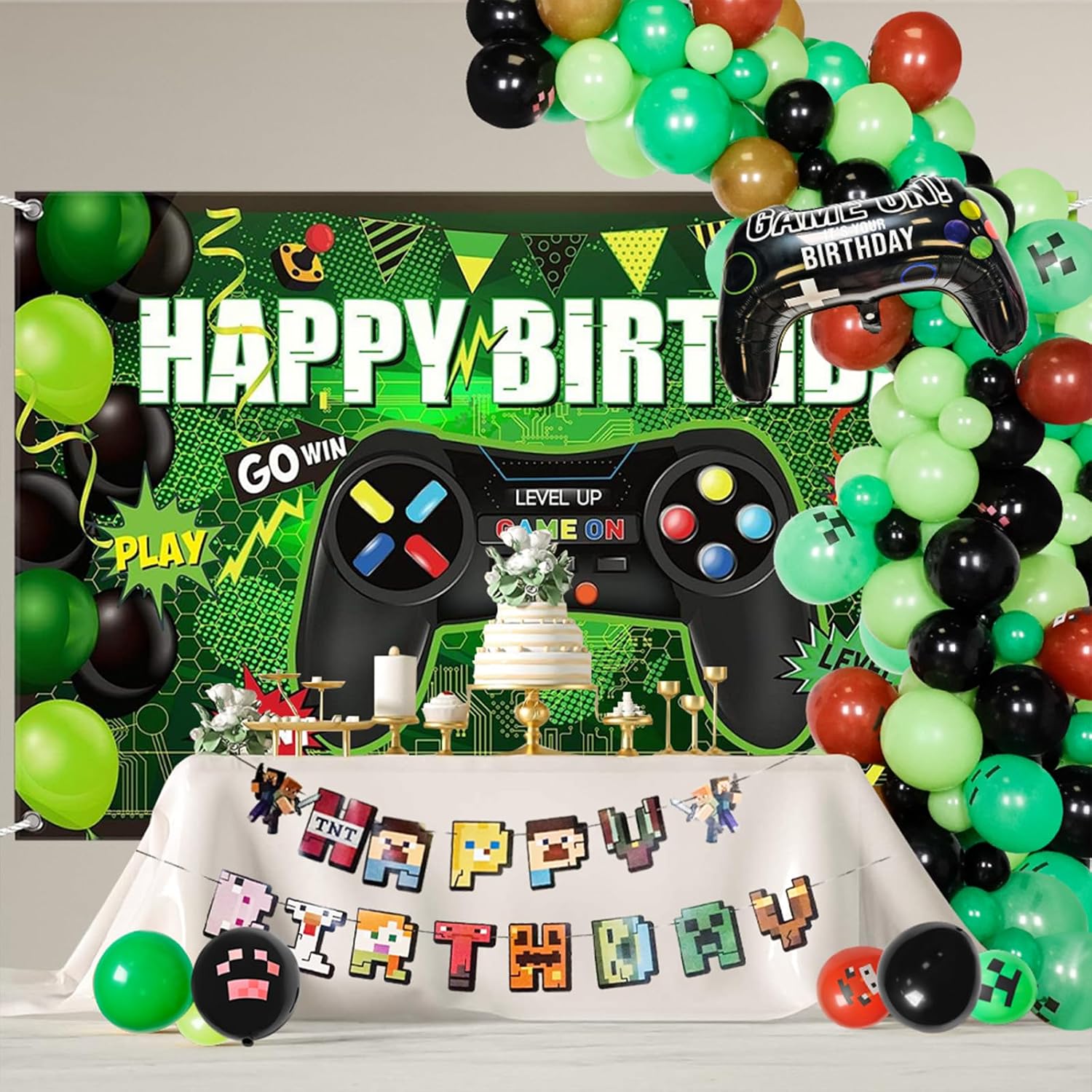 Video Game Balloon Arch Kit with Happy Birthday Banner
