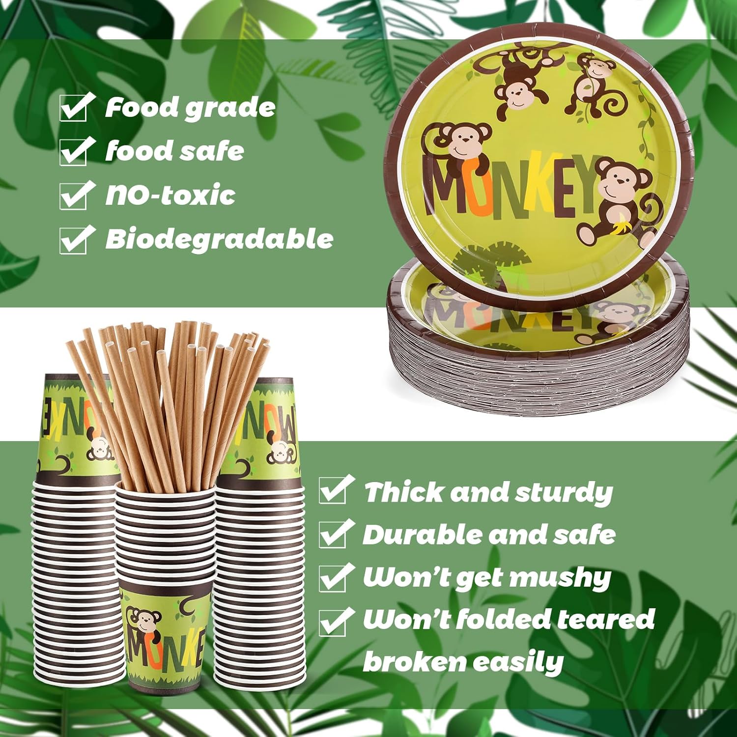 Rtteri 250 Pcs Jungle Monkey Party Supplies