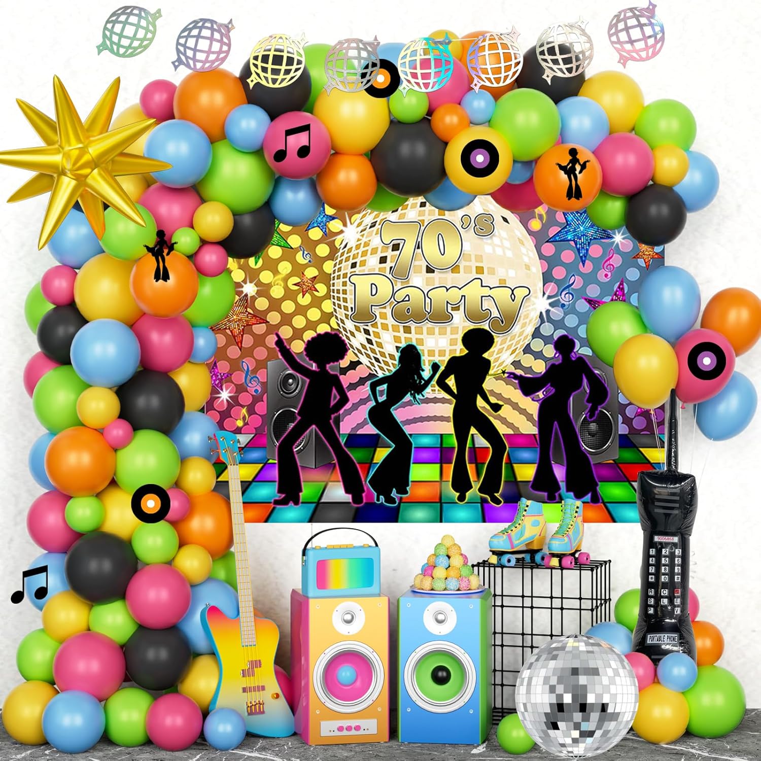 70s Party Decor Kit with 118 Decor Items