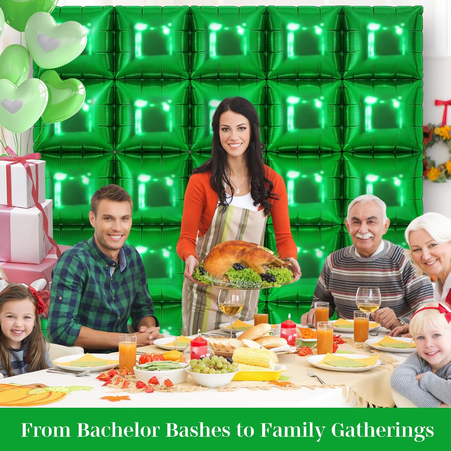Green Square Foil Balloons 25 Pcs Double Sided Wall Decor