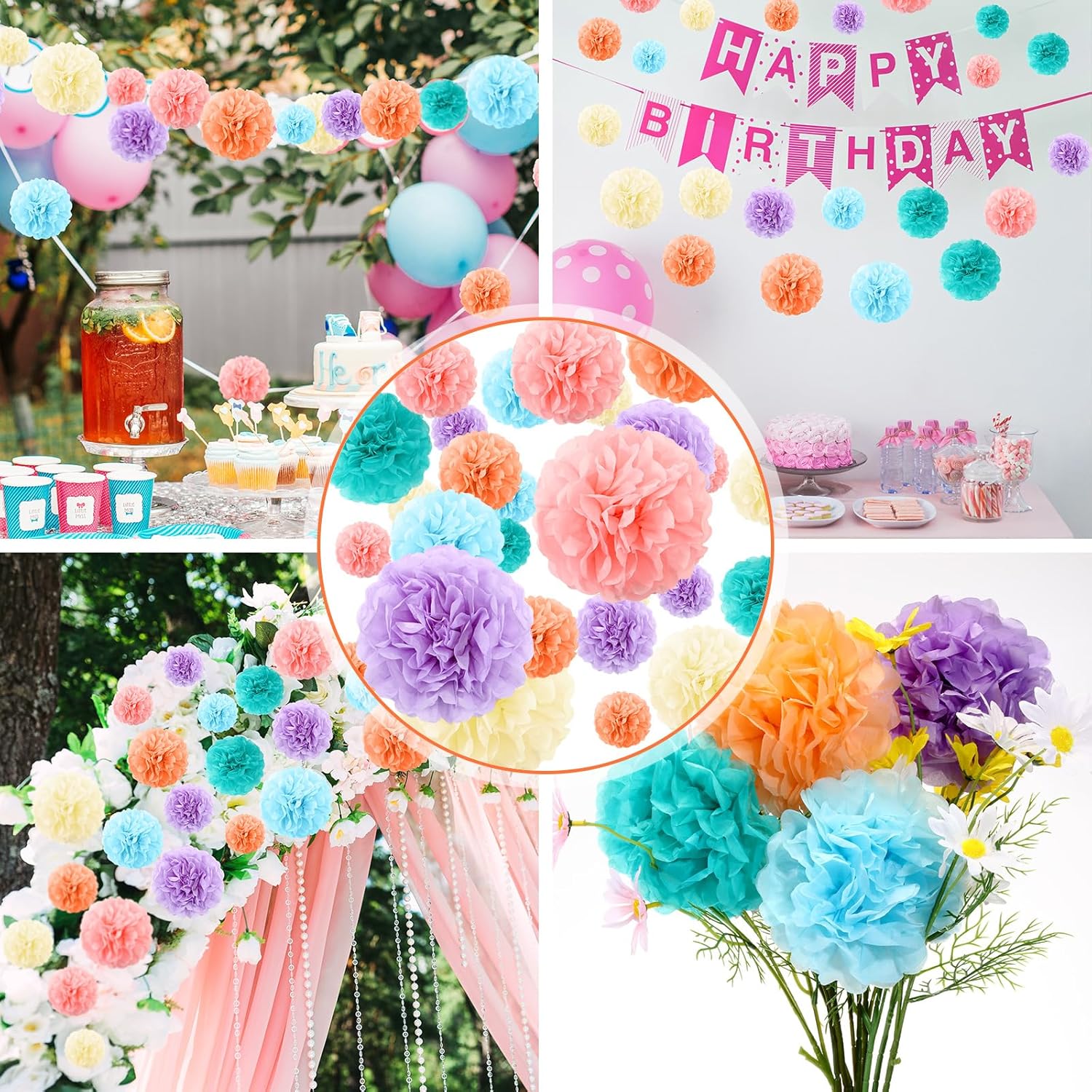72 Pcs Tissue Paper Pom Poms Pastel Party Decorations
