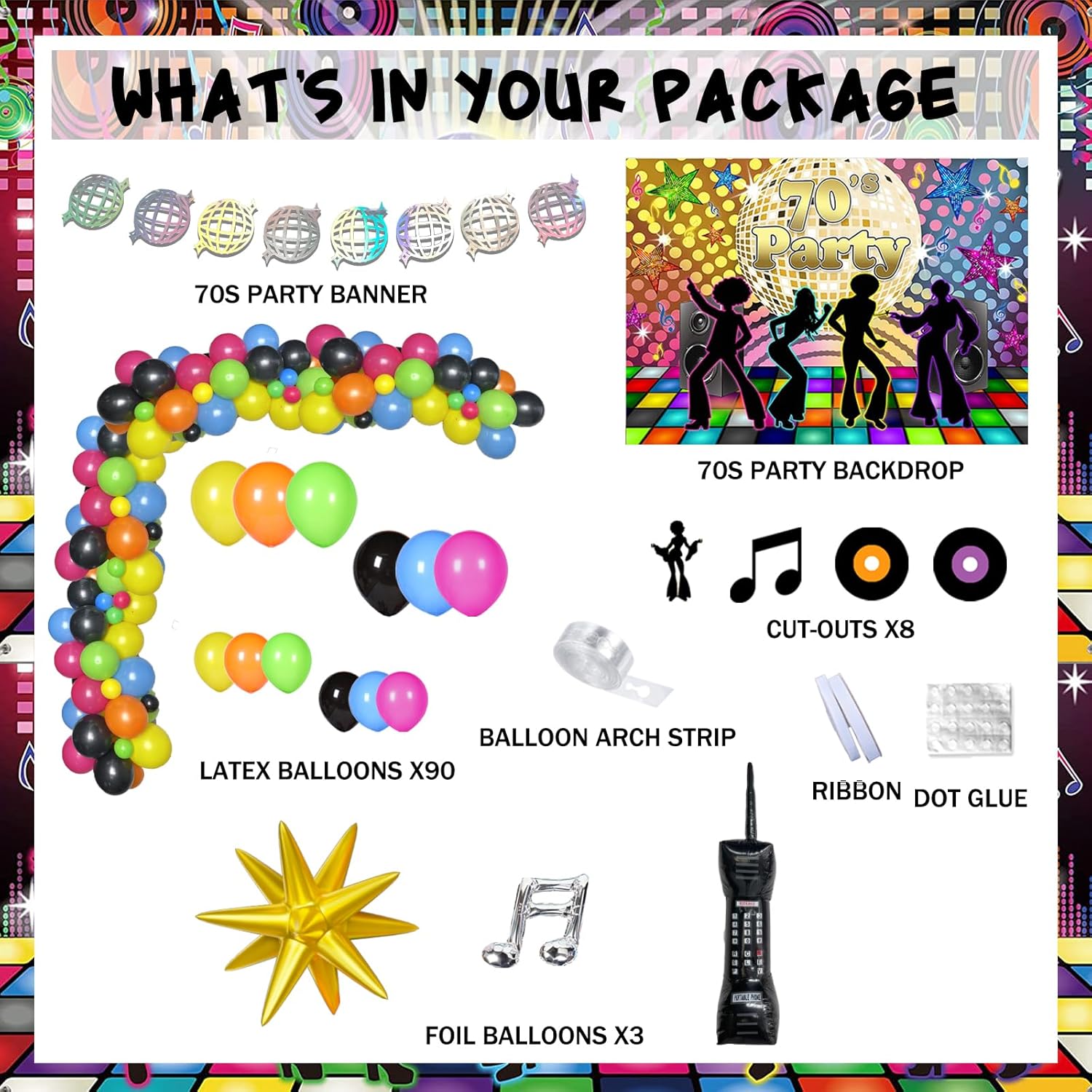 70s Party Decor Kit with 118 Decor Items