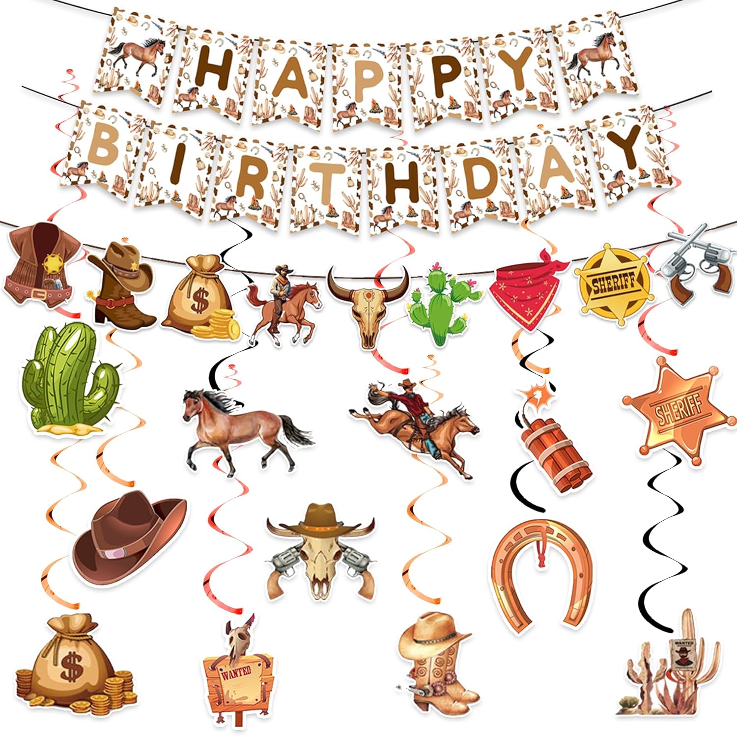 Western Cowboy Birthday Decorations Banner Garland Hanging Swirls