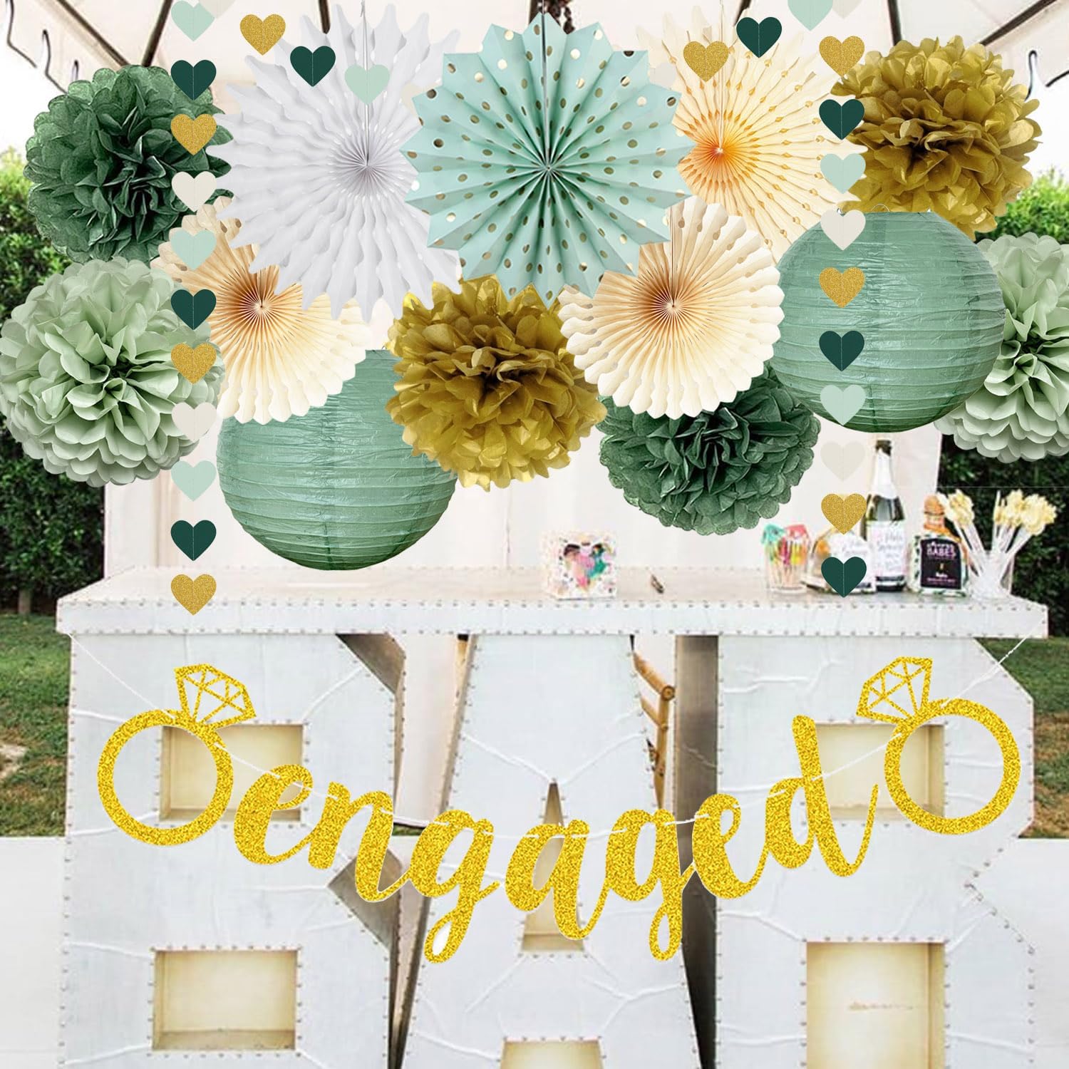 Engagement Party Decor Gold Banner Pom Poms Lanterns Fans Set