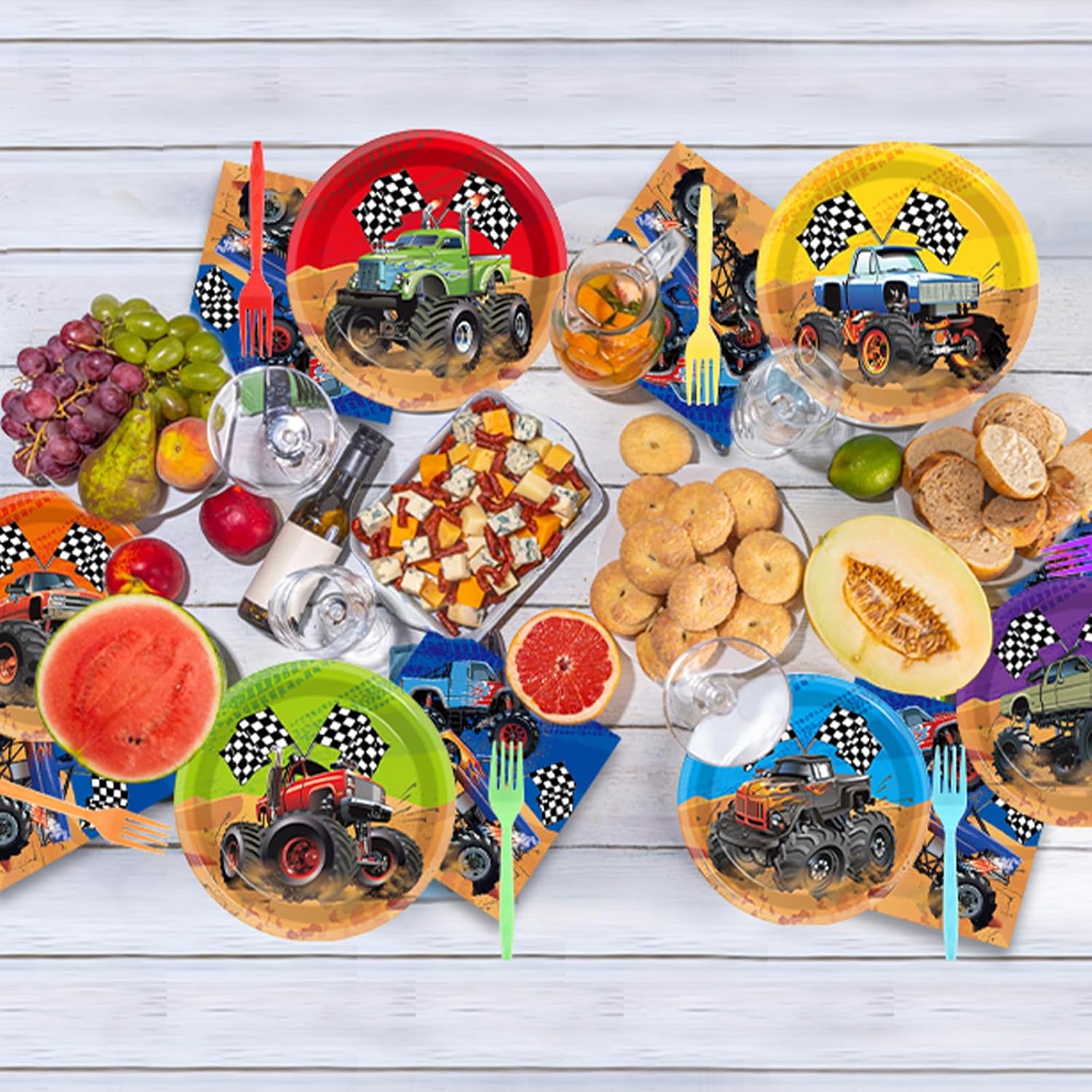 96Pcs Monster Truck Party Plates Napkins Forks for Kids