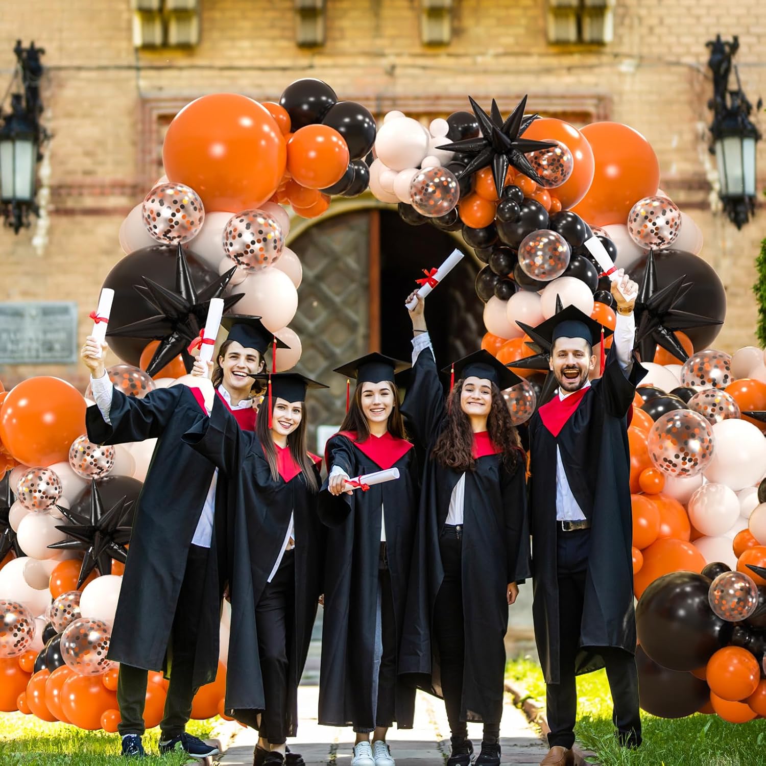 161pcs Black White Orange Balloons Arch Kit with Starburst Foil Balloons