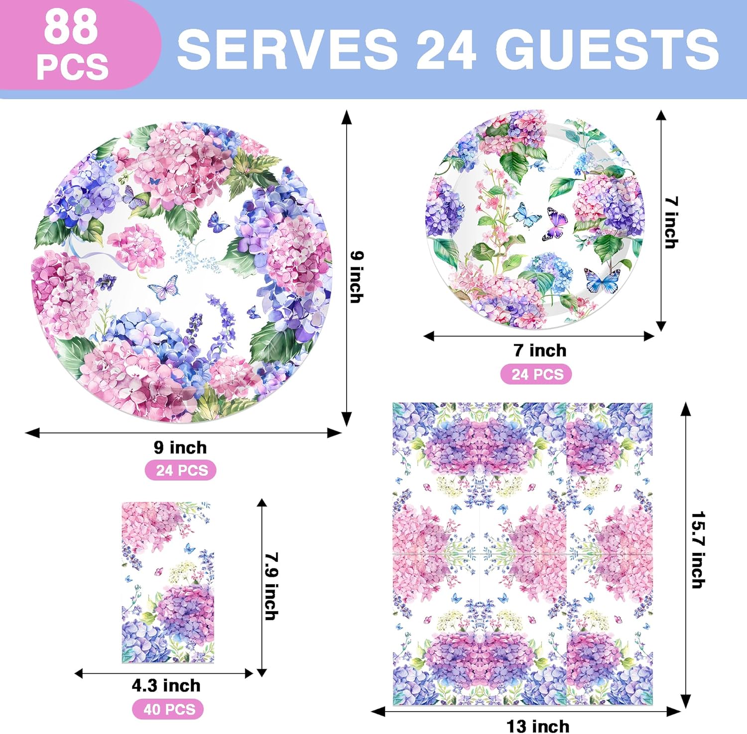 CC HOME Hydrangea Themed Paper Plates Napkins Set 88PCS